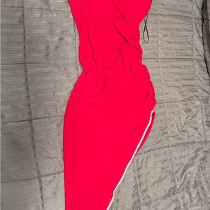 Windsor Bright Red Asymmetrical Ruched Bodycon Dress